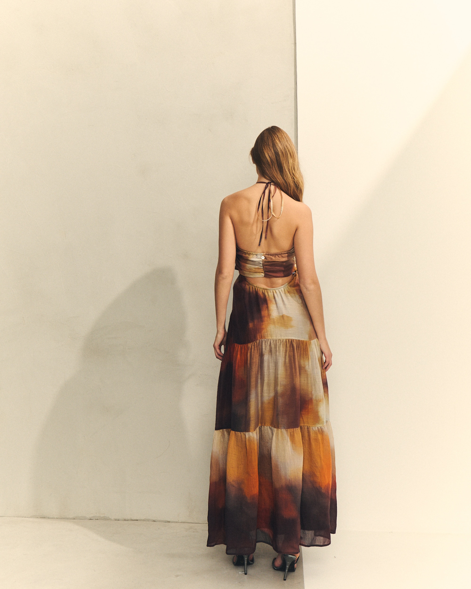 Vestido Comprido Halter Estampado Castanho / Laranja-4