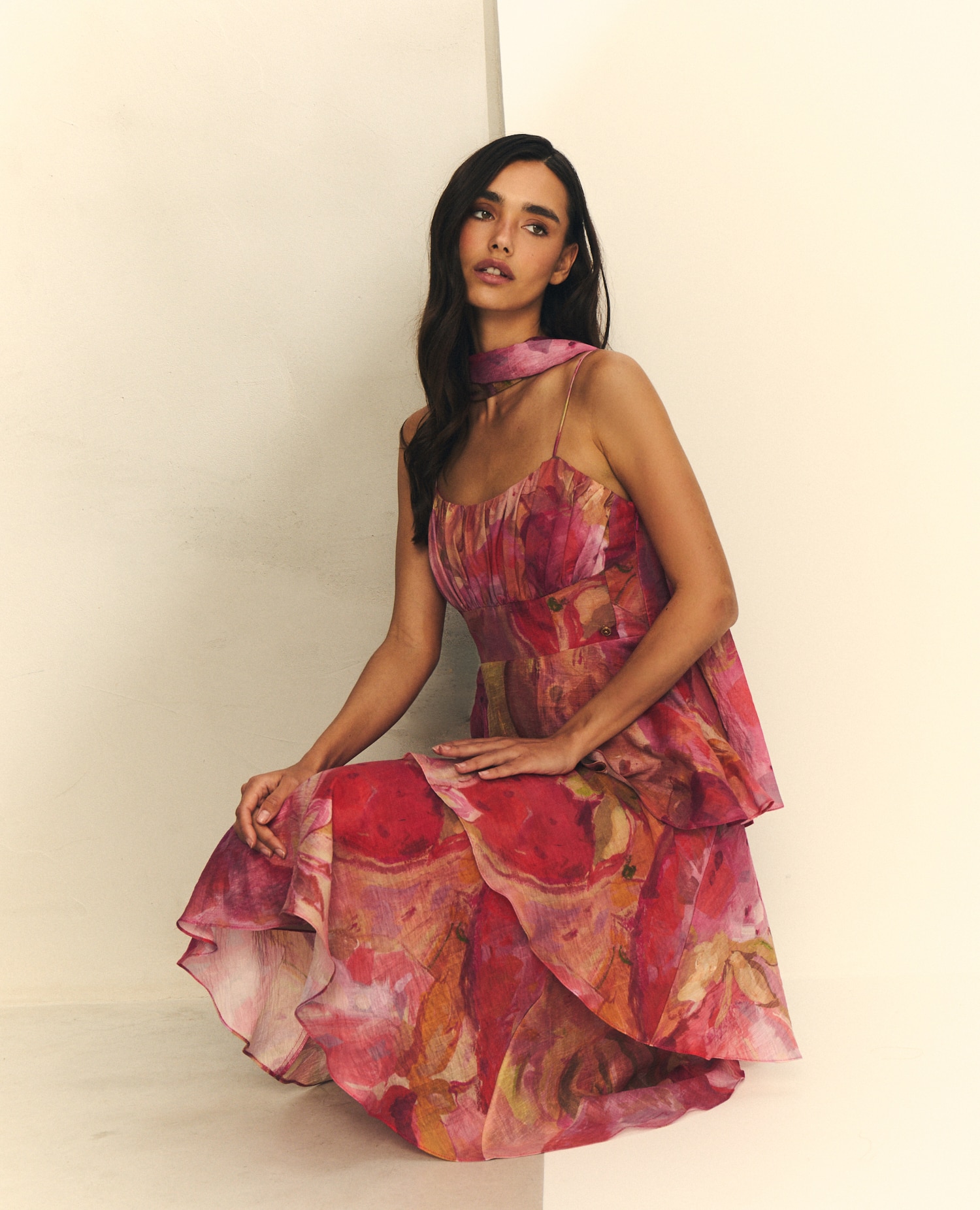 Vestido com Folhos Fluido e Écharpe em Conjunto Multicolor-2