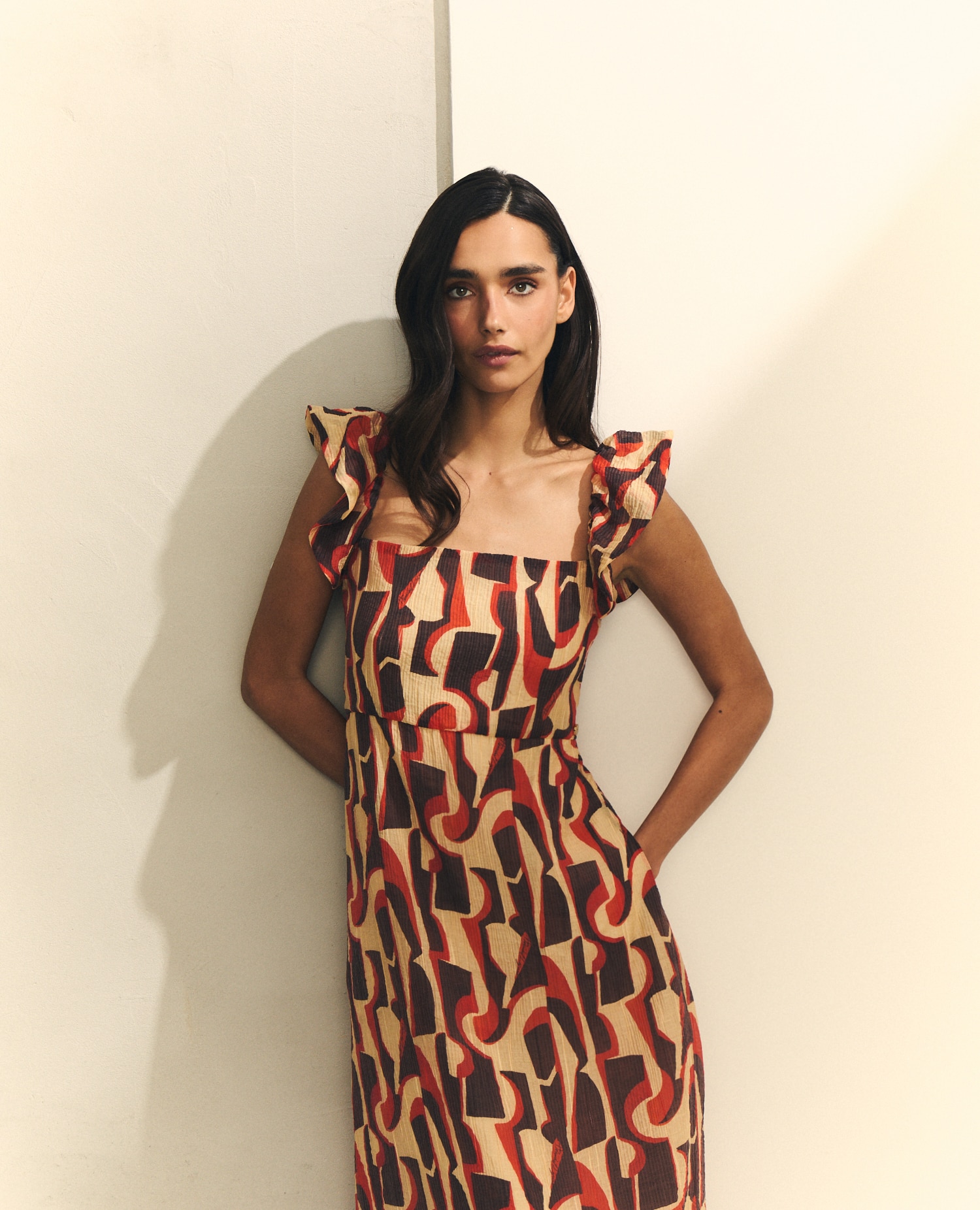 Vestido Midi Corte Império de Alças com Folho Multicolor-2