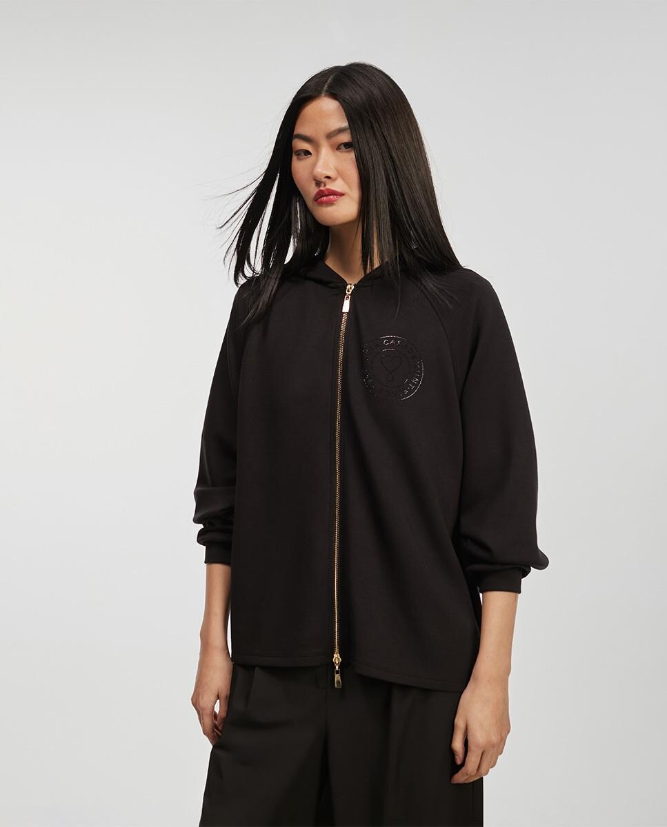 Sweatshirt com Fecho Zip e Capuz Preto-1