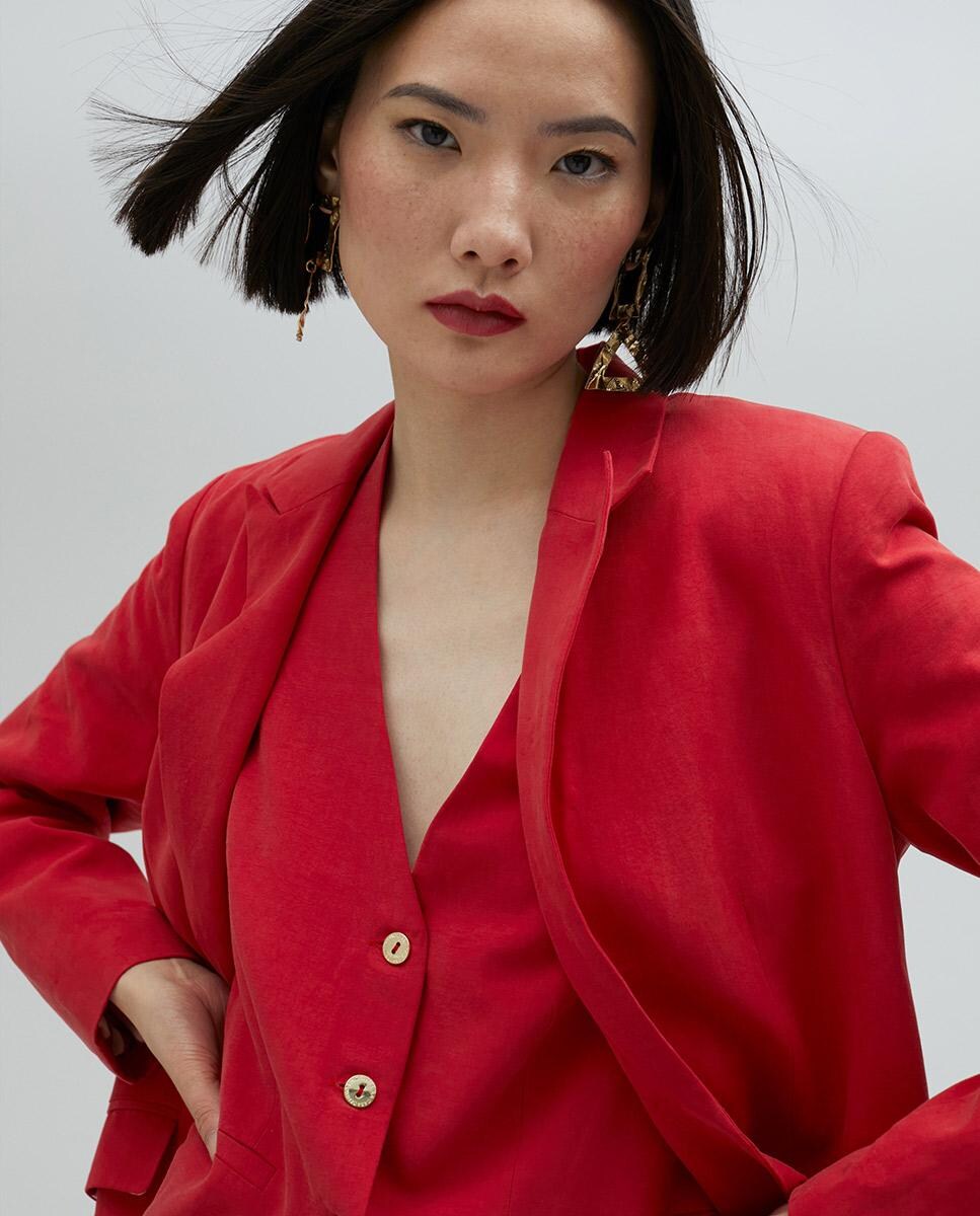 Blazer de Corte a Direito com Bolsos Vermelho-2