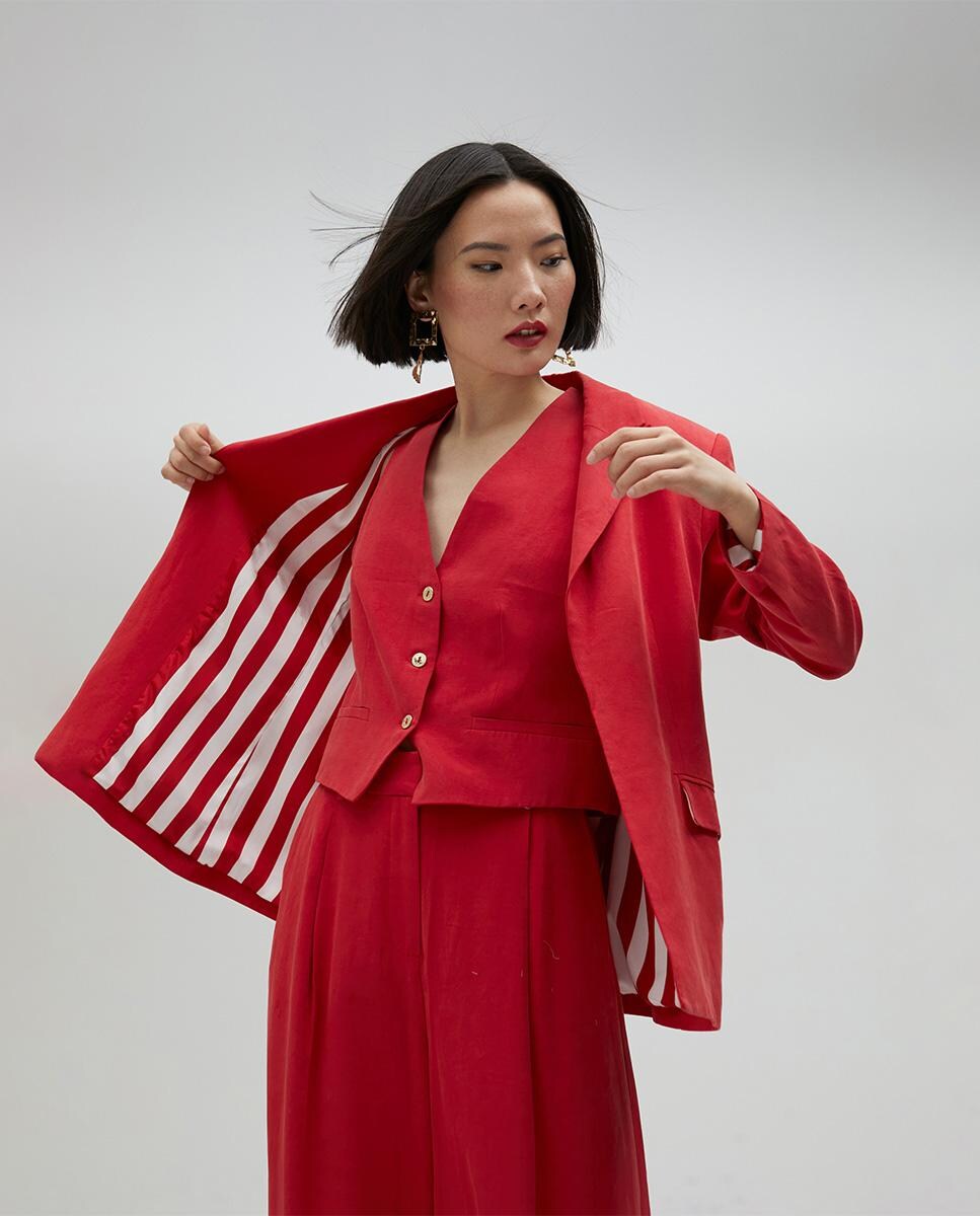 Blazer de Corte a Direito com Bolsos Vermelho-3