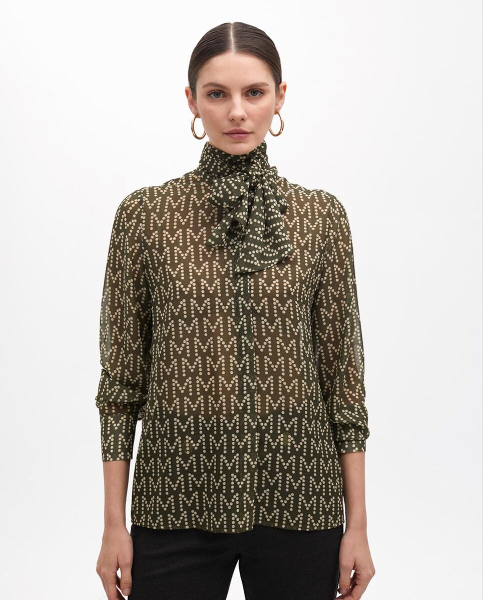 Camisa Semitransparente com Laçada na Gola Verde-escuro-1