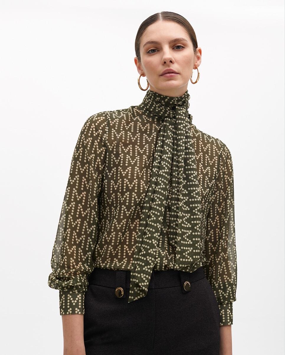 Camisa Semitransparente com Laçada na Gola Verde-escuro-2