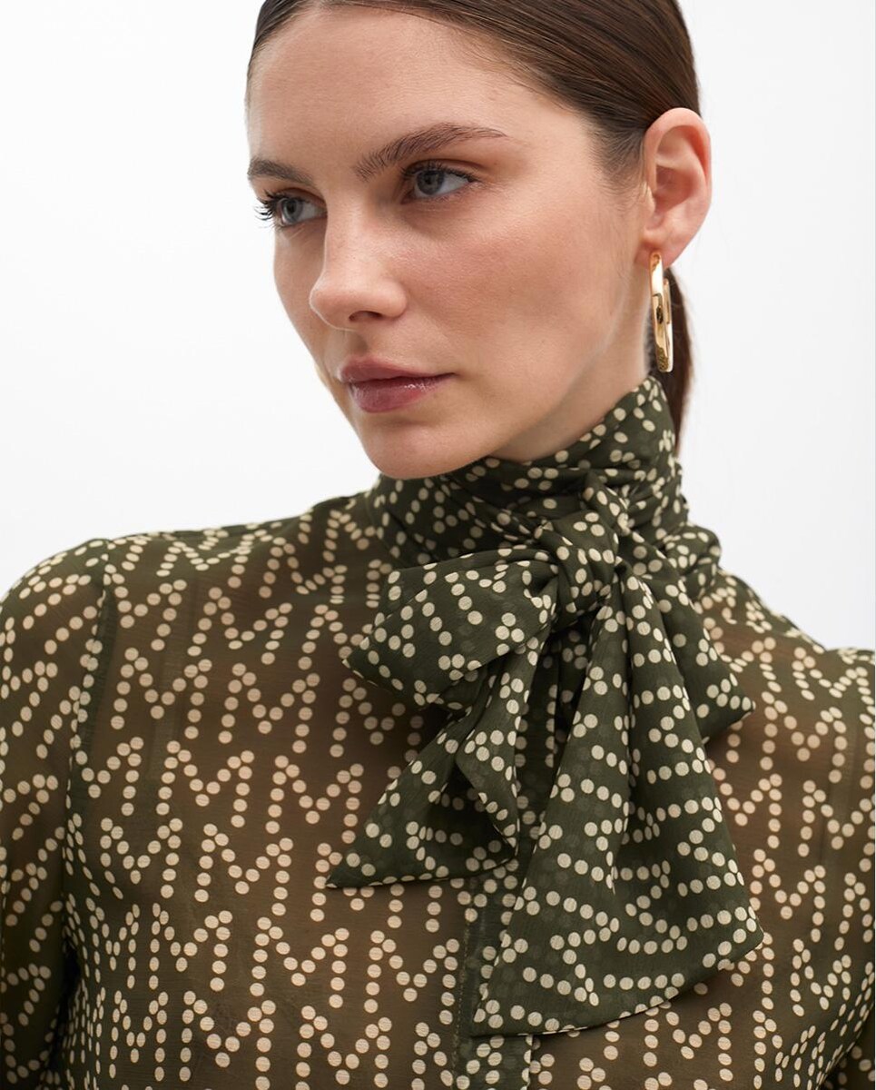 Camisa Semitransparente com Laçada na Gola Verde-escuro-3