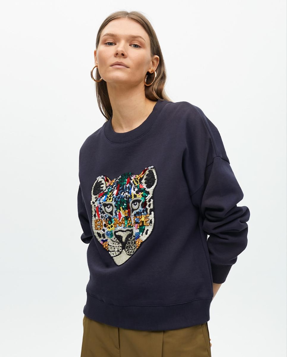 Sweatshirt com Gola Redonda e Print Frontal Azul-escuro-1
