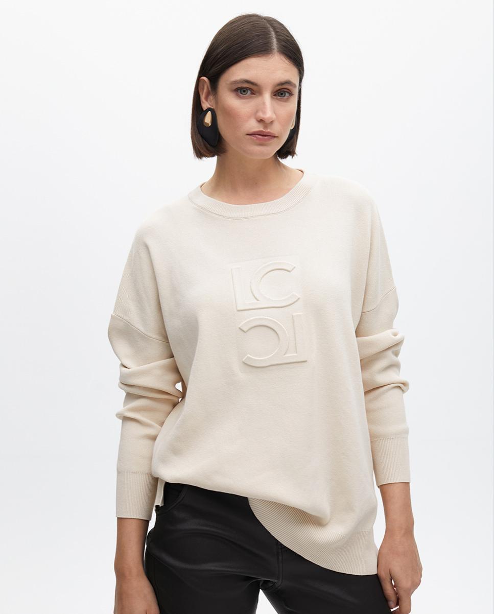 Sweatshirt com Gola Redonda e Logo em Relevo Bege-1