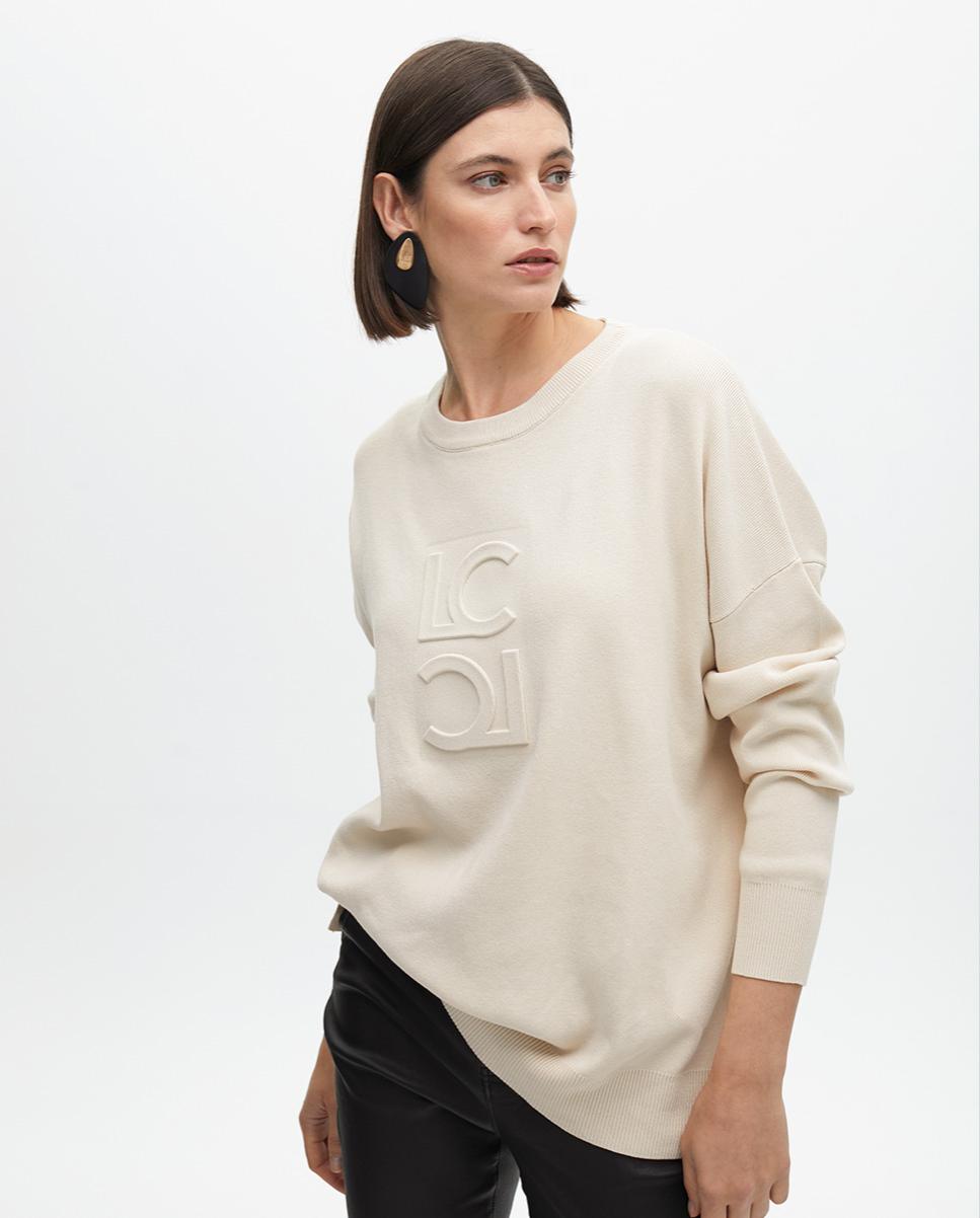 Sweatshirt com Gola Redonda e Logo em Relevo Bege-3
