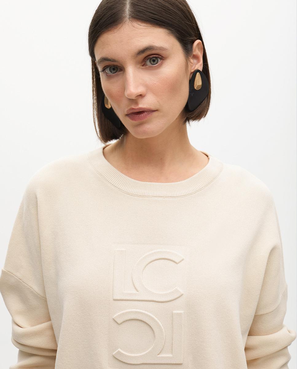 Sweatshirt com Gola Redonda e Logo em Relevo Bege-4