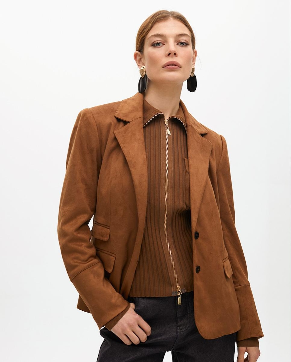 Blazer de mujer de antelina con chaleco interno Castanho-1