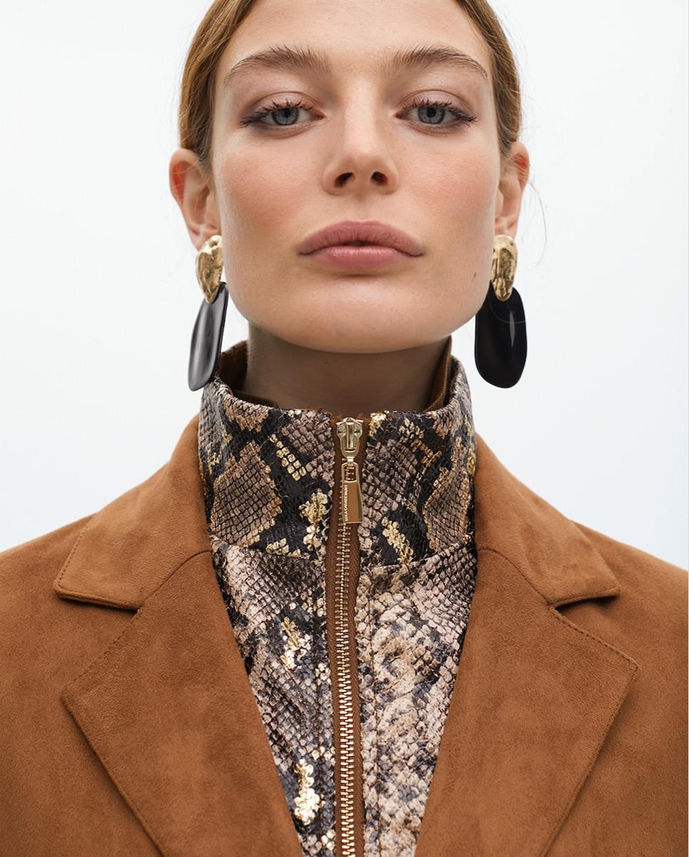 Blazer de mujer de antelina con chaleco interno Castanho-3