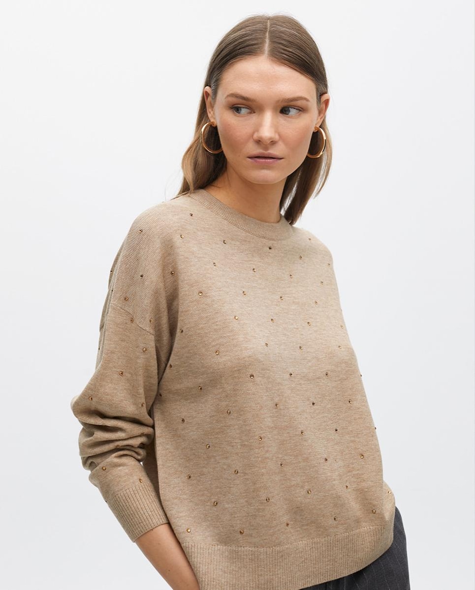 Camisola com Decote Redondo e Strass Bege-1