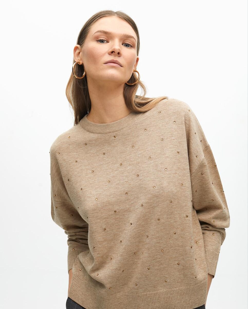 Camisola com Decote Redondo e Strass Bege-2