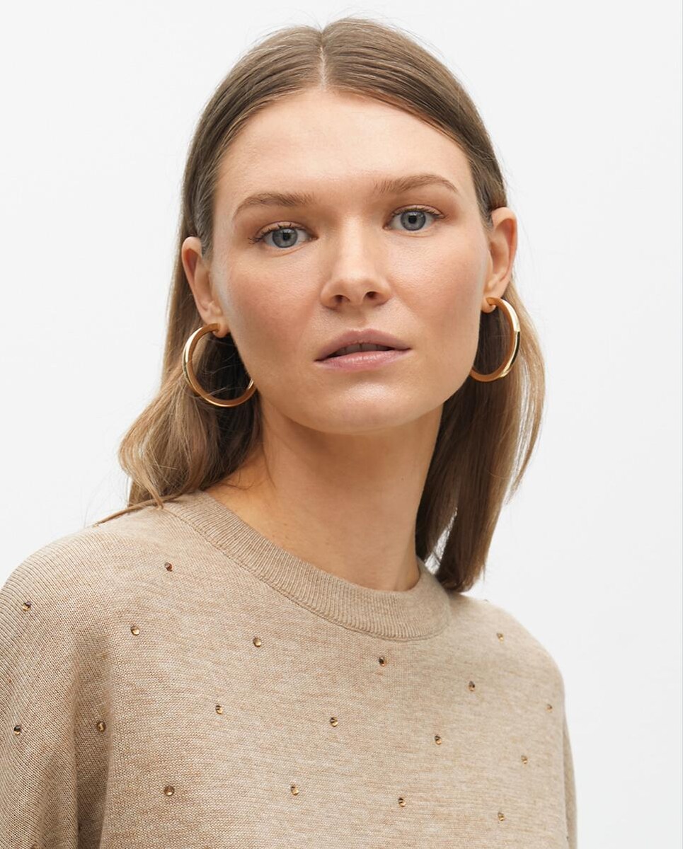 Camisola com Decote Redondo e Strass Bege-4