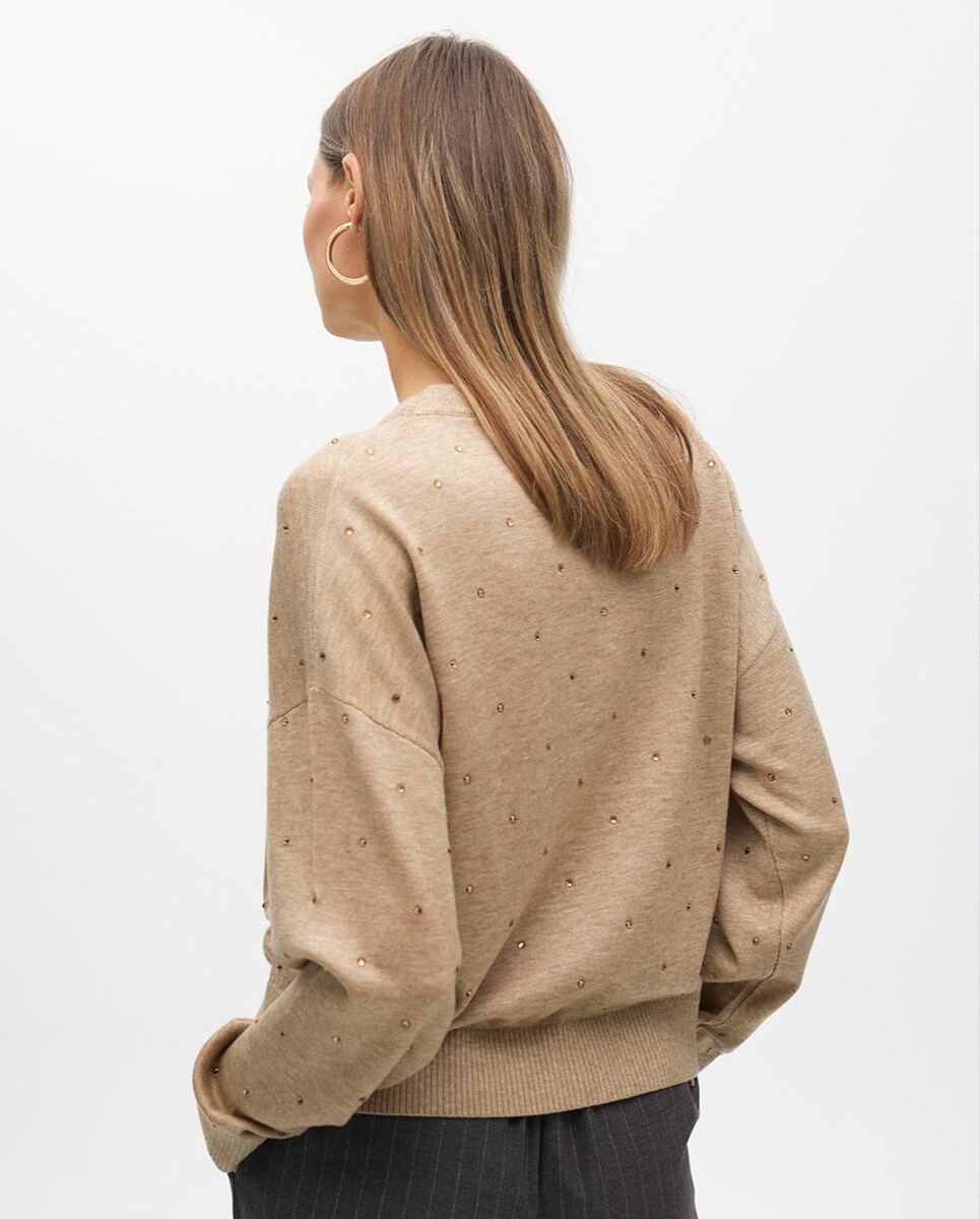 Camisola com Decote Redondo e Strass Bege-5
