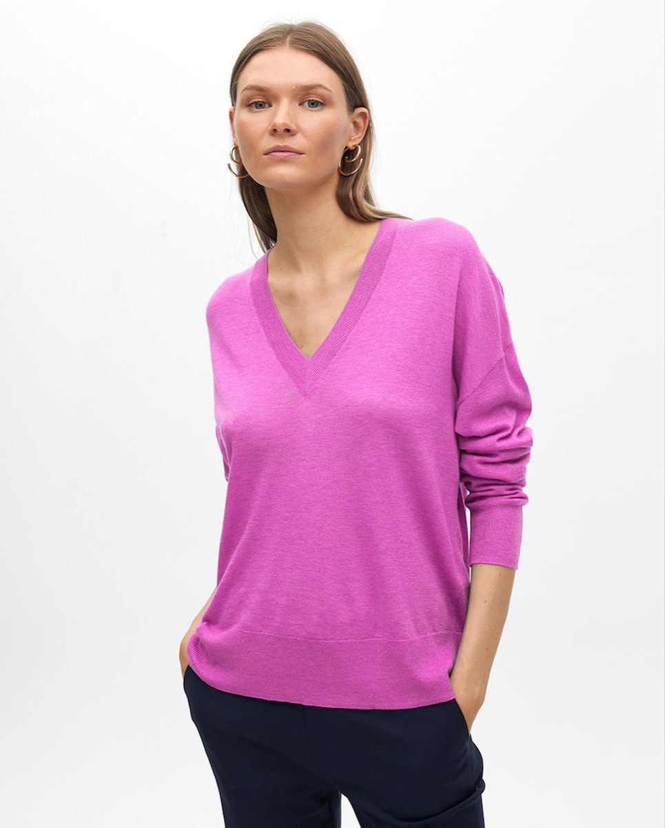 Camisola com Gola em V e Acabamentos em Rib Rosa-1