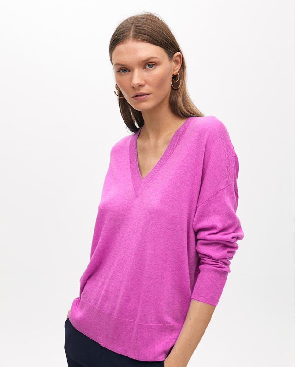 Camisola com Gola em V e Acabamentos em Rib Rosa-2