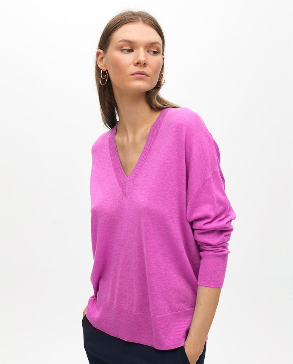 Camisola com Gola em V e Acabamentos em Rib Rosa-3