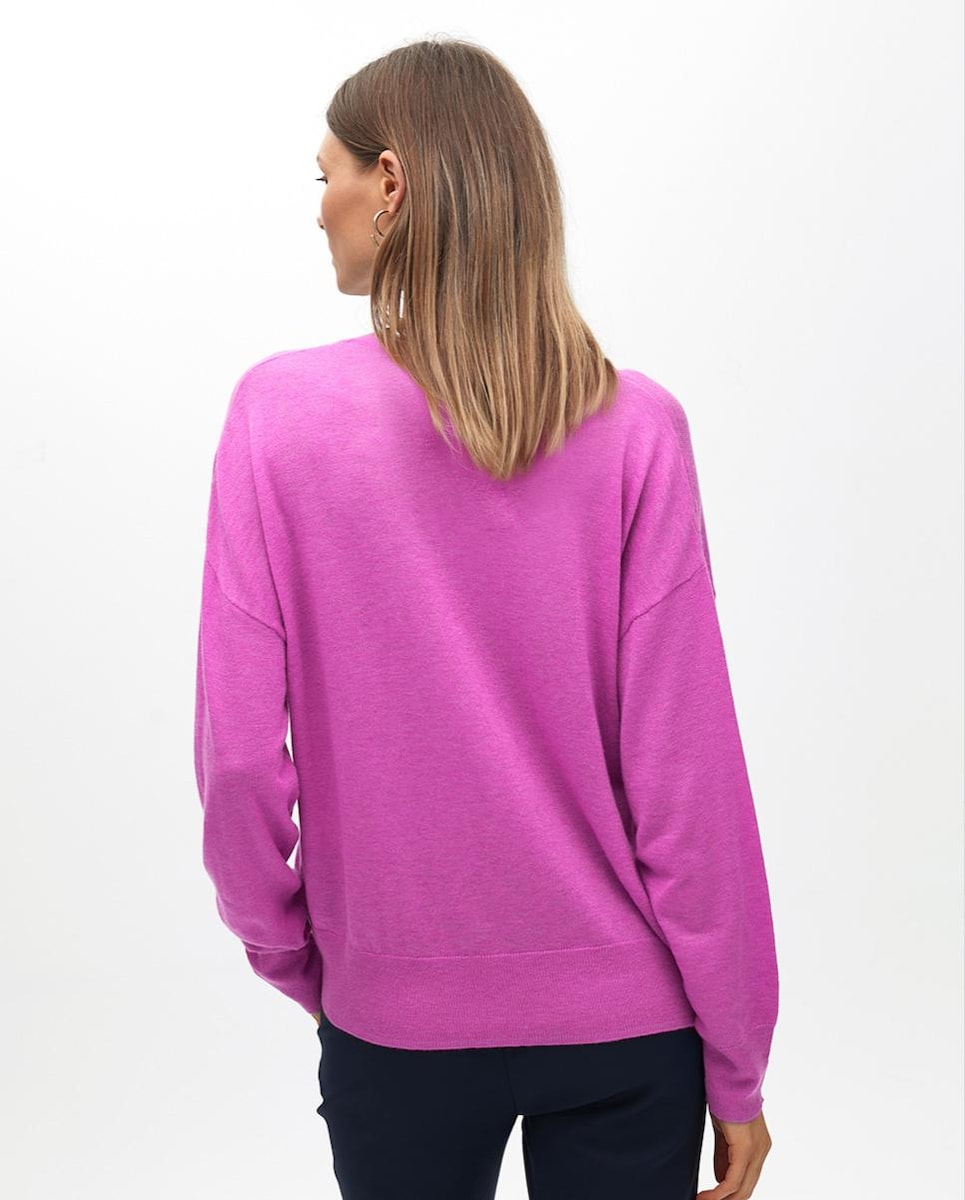 Camisola com Gola em V e Acabamentos em Rib Rosa-4