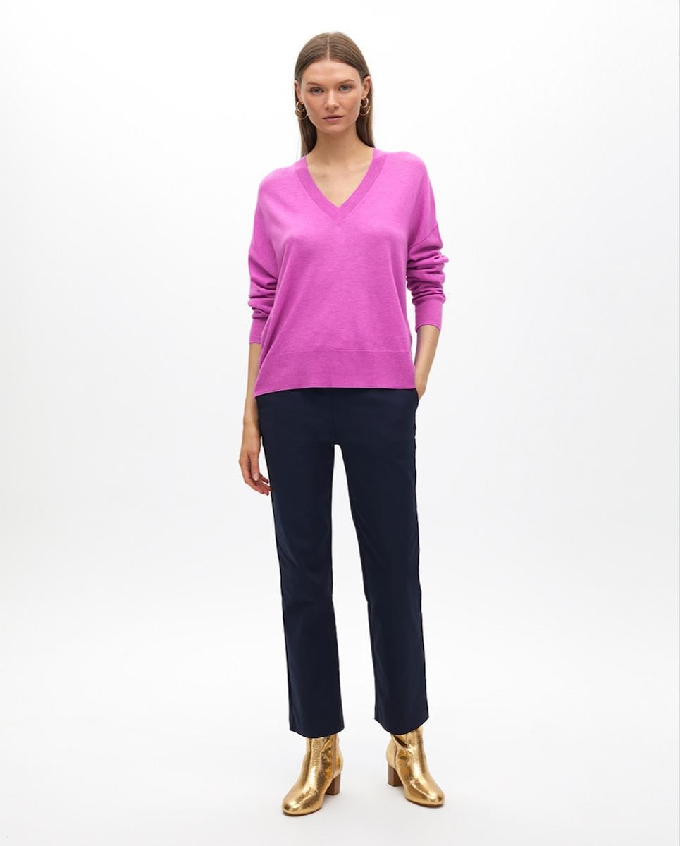 Camisola com Gola em V e Acabamentos em Rib Rosa-5