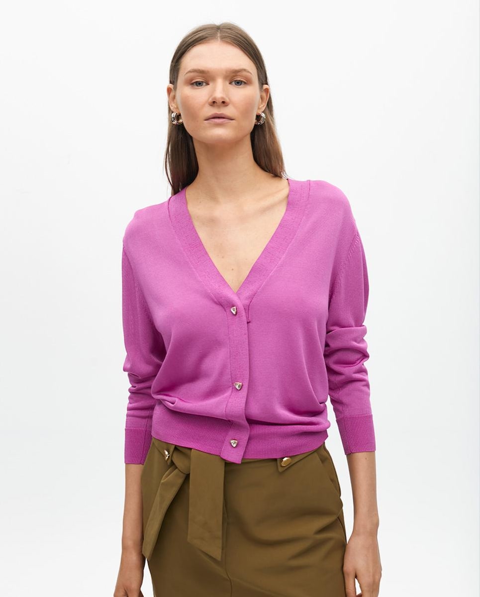 Cárdigan de mujer liso con botones joya Rosa-1