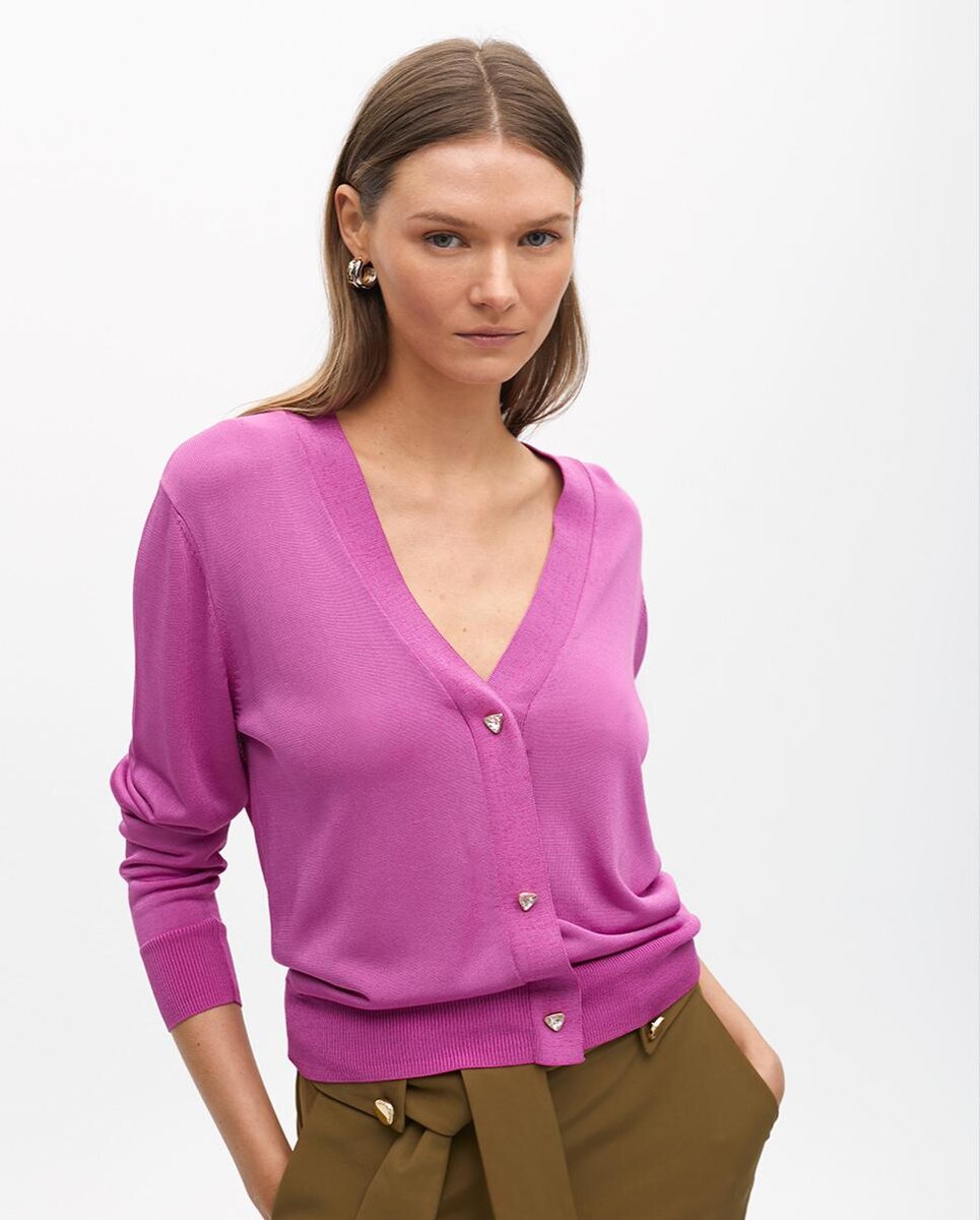 Cárdigan de mujer liso con botones joya Rosa-3