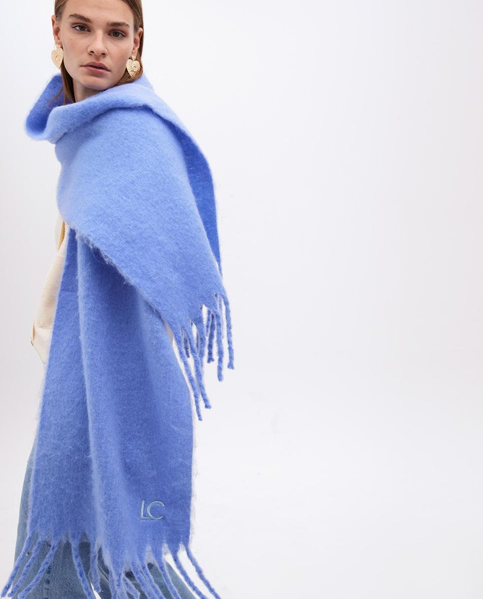 Cachecol Liso com Franjas Grossas Azul-3