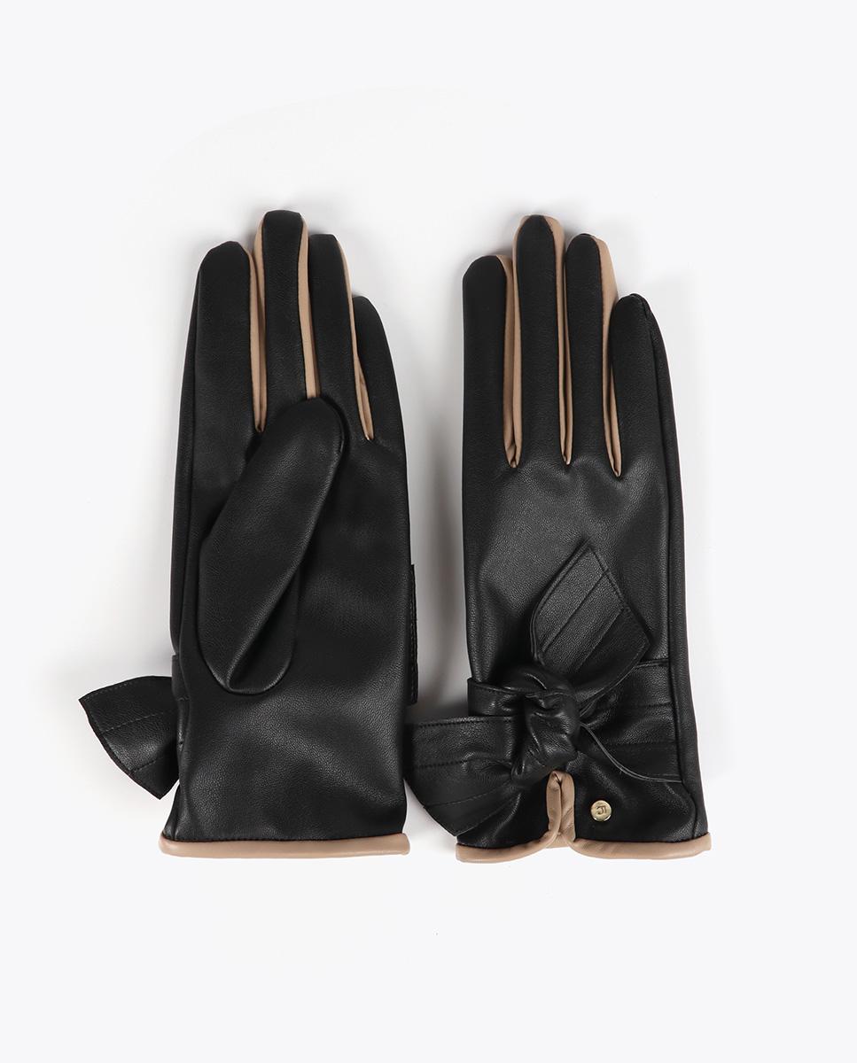 Luvas com Efeito de Pele e Laço - Vermelho/Rosa Preto-1