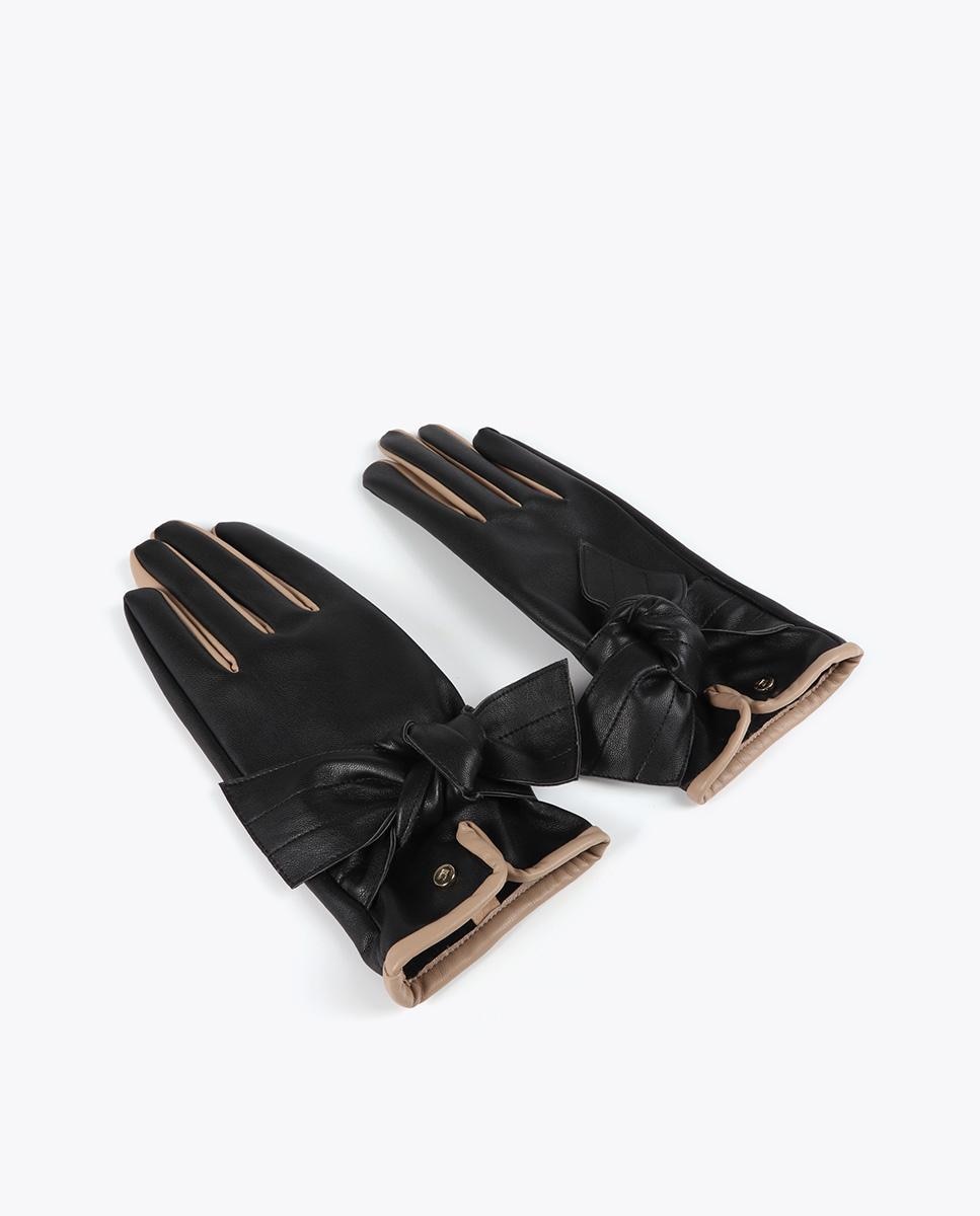 Luvas com Efeito de Pele e Laço - Vermelho/Rosa Preto-3