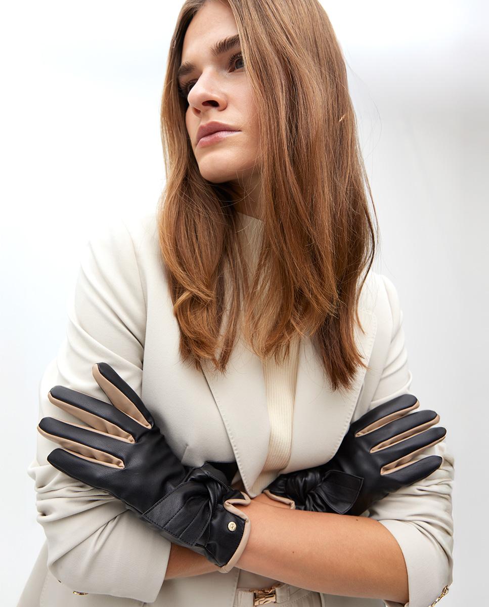 Luvas com Efeito de Pele e Laço - Vermelho/Rosa Preto-6