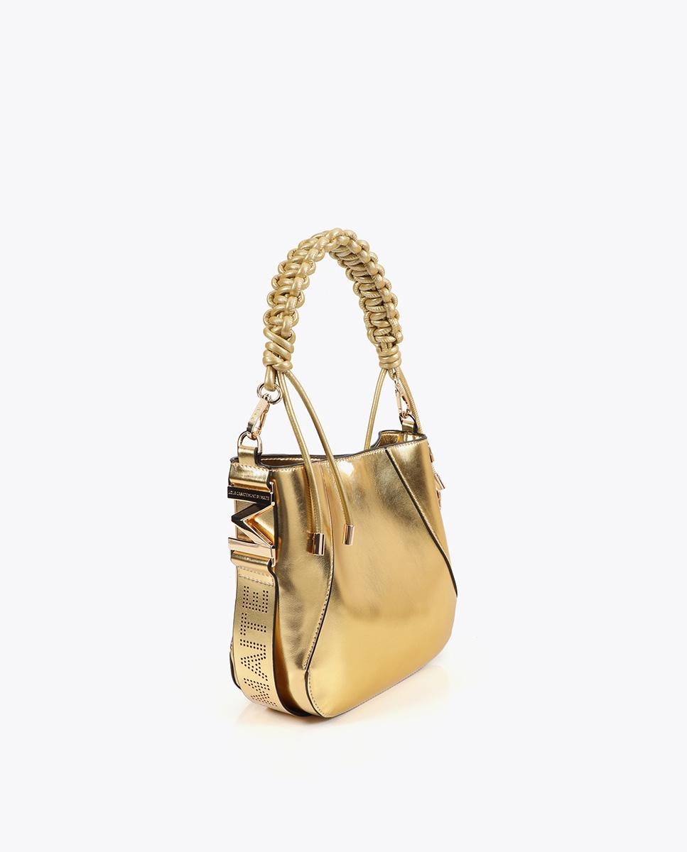 Mala de Ombro com Alça Entrançada Efeito Pele Dourado-2