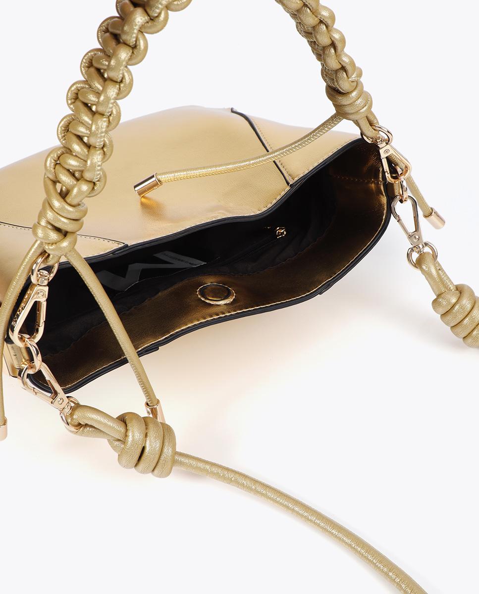 Mala de Ombro com Alça Entrançada Efeito Pele Dourado-5