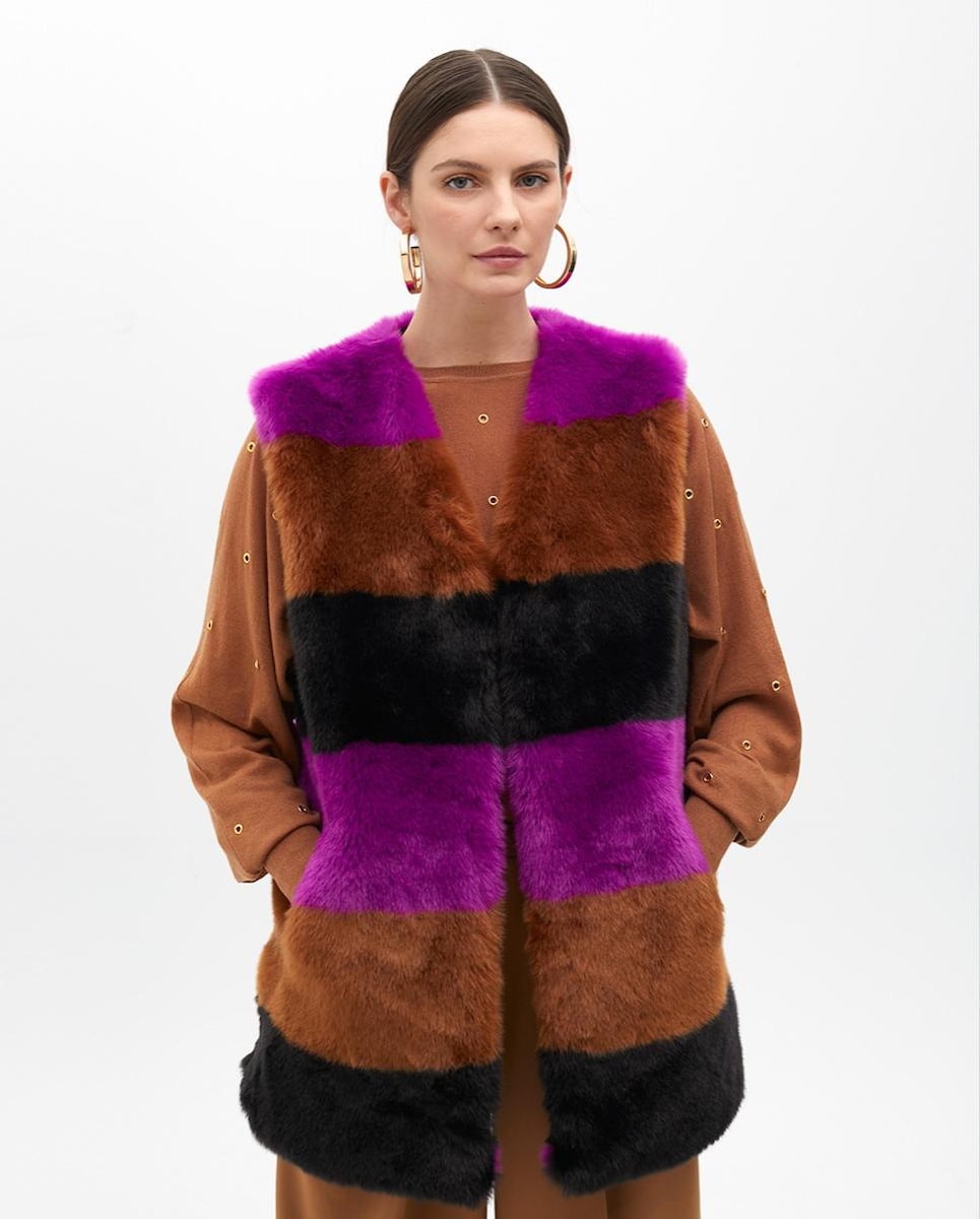 Chaleco de pelo de mujer a rayas con escote de pico Roxo-1