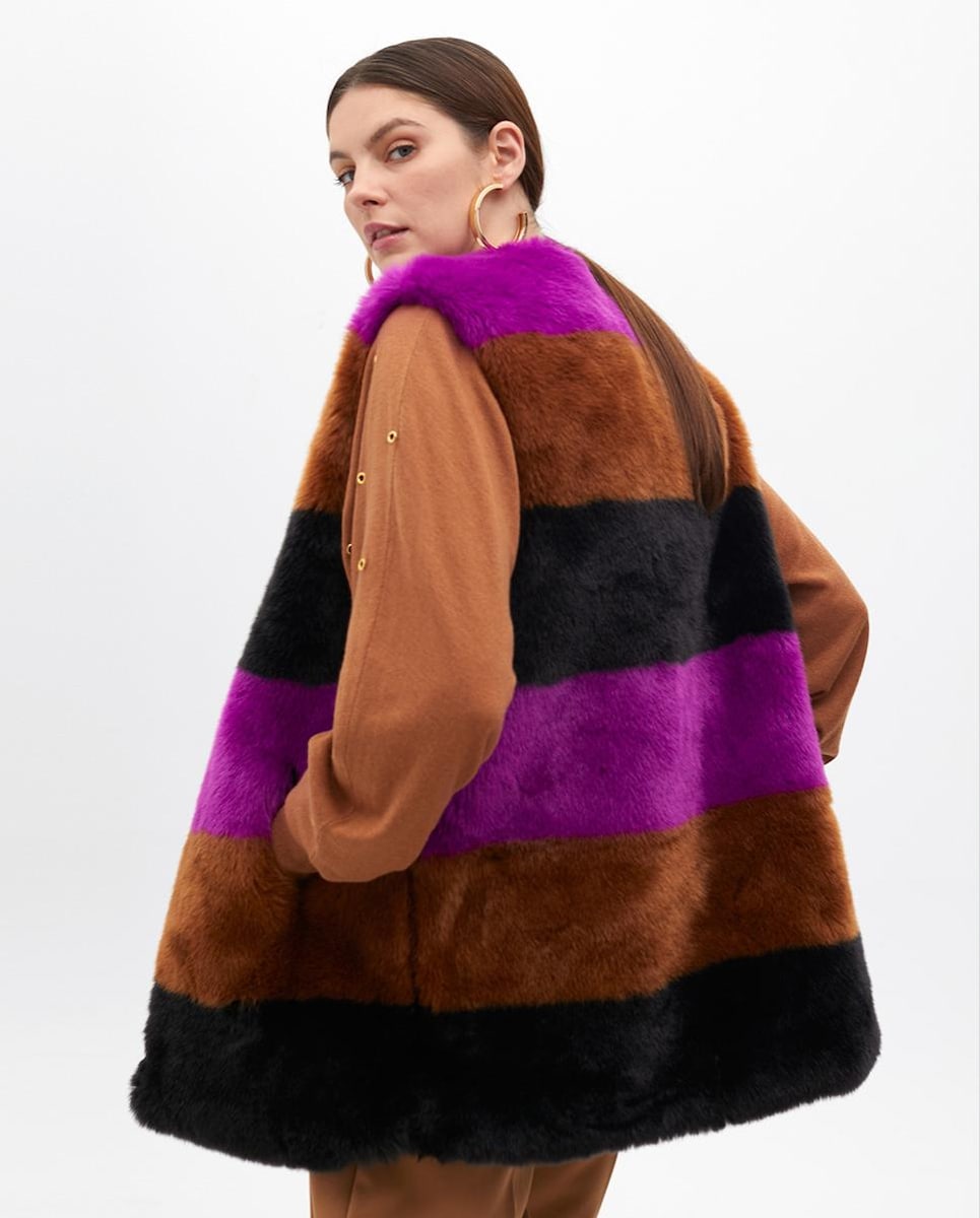 Chaleco de pelo de mujer a rayas con escote de pico Roxo-4