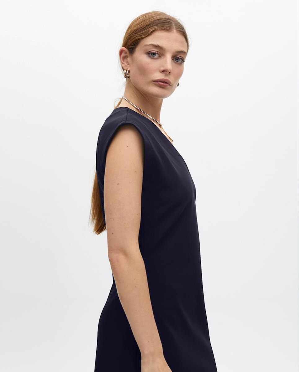 Vestido midi con escote de pico Azul-escuro-3