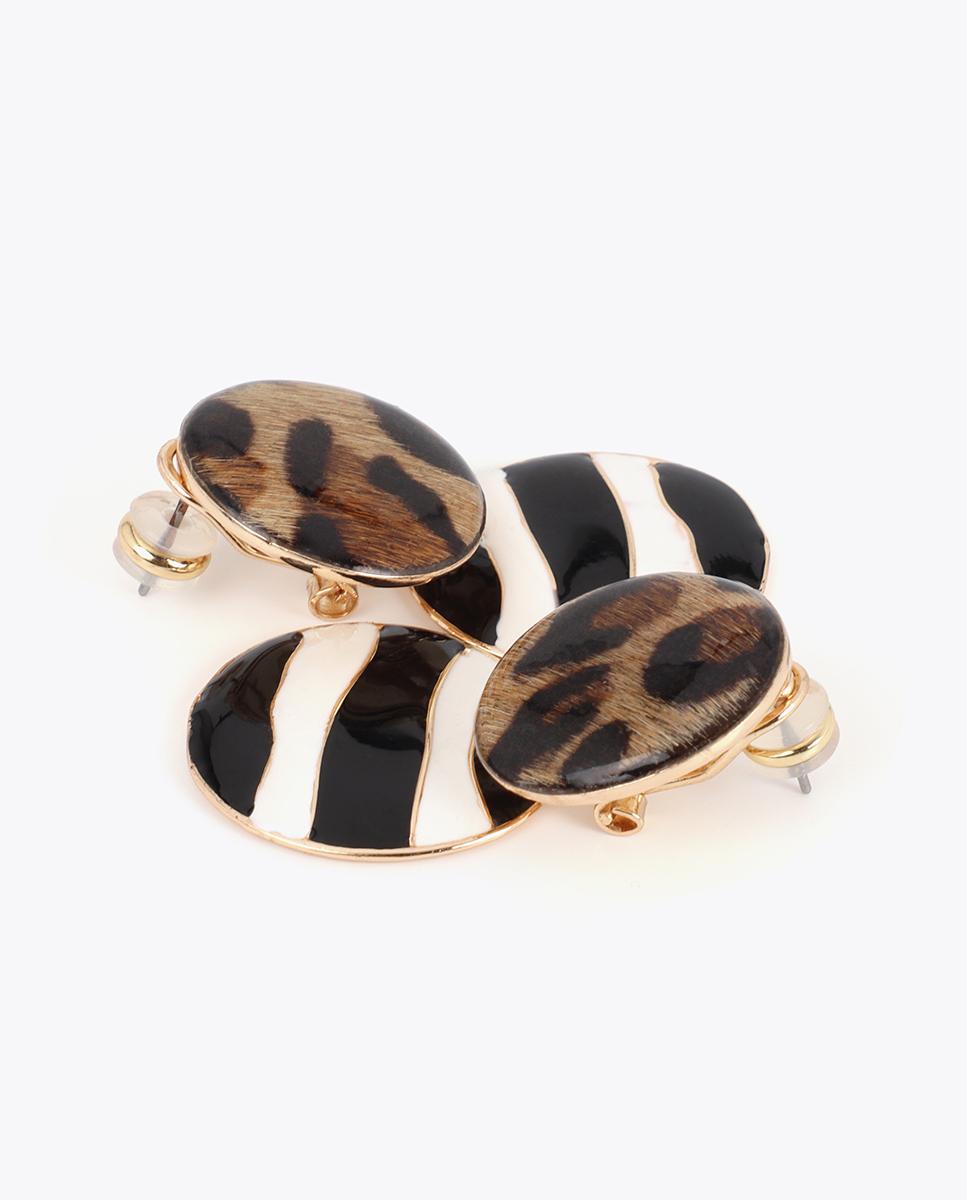Brincos Grandes Combinados Lacado às Riscas e Animal Print Multicolor-5