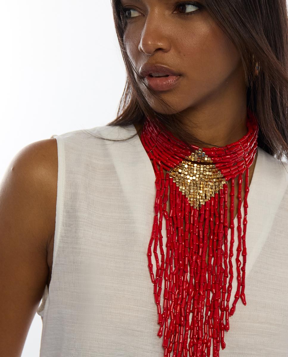 Colar em Cascata Beads Coral Vermelho-5