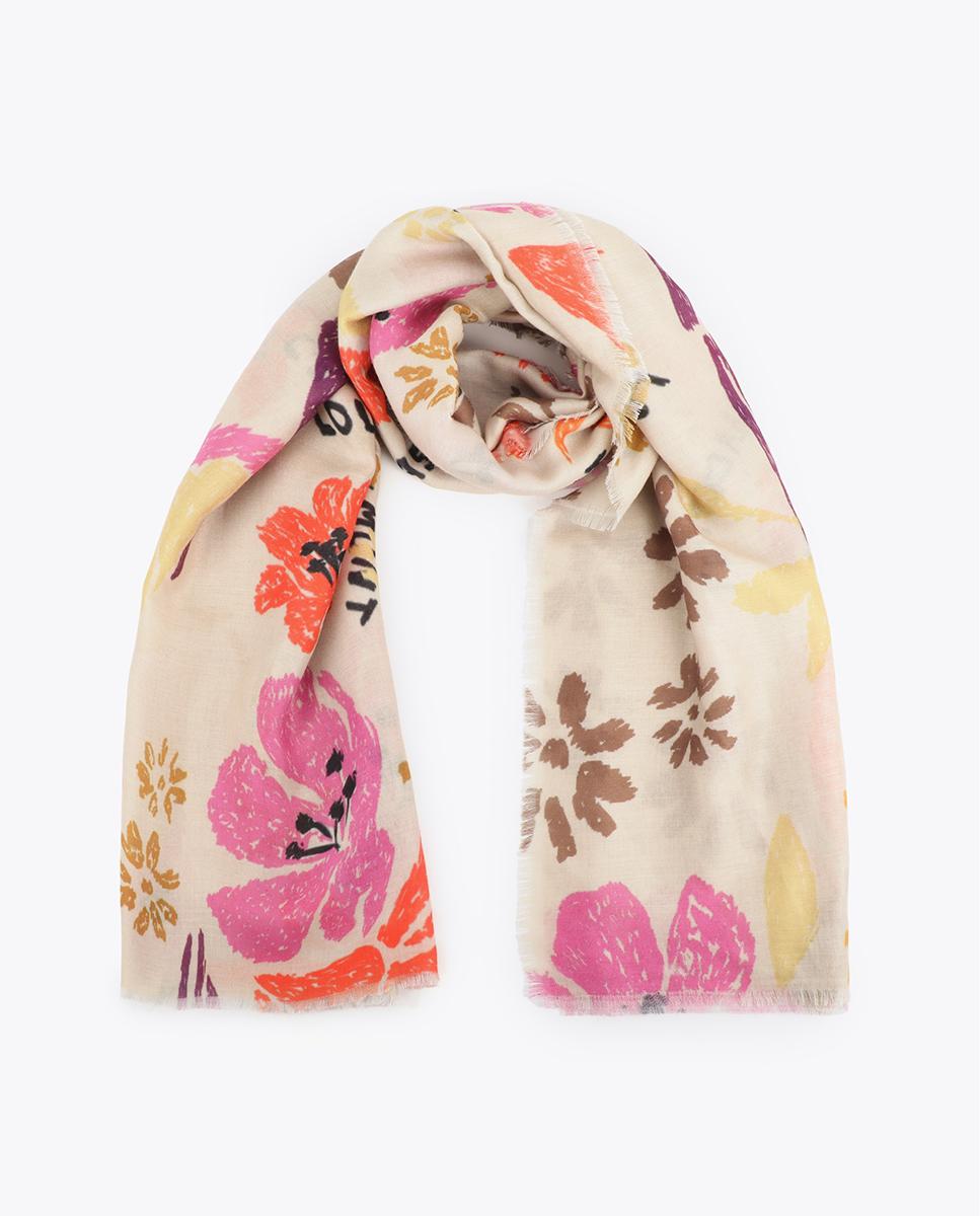Écharpe Leve com Estampado de Flores e Aves Multicolor-3