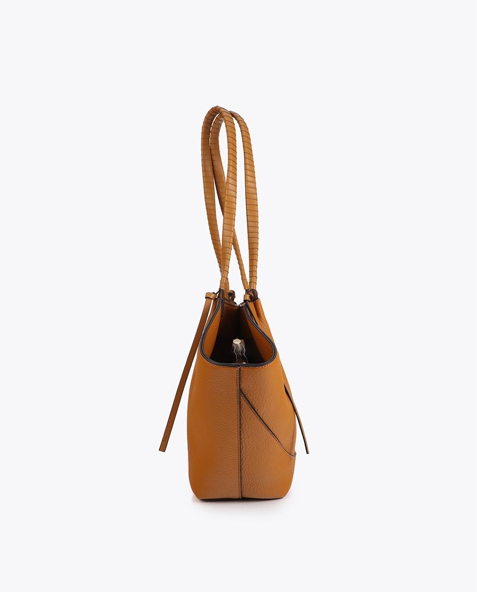 Mala Shopper Efeito Pele com Alça Entrançada e Detalhe de Laçada Mostarda-3