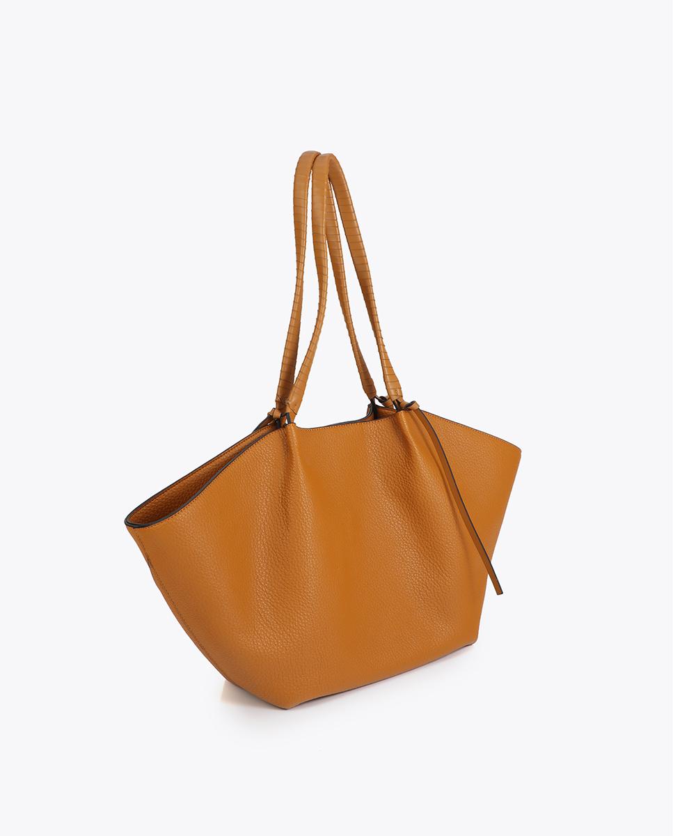 Mala Shopper Efeito Pele com Alça Entrançada e Detalhe de Laçada Mostarda-4