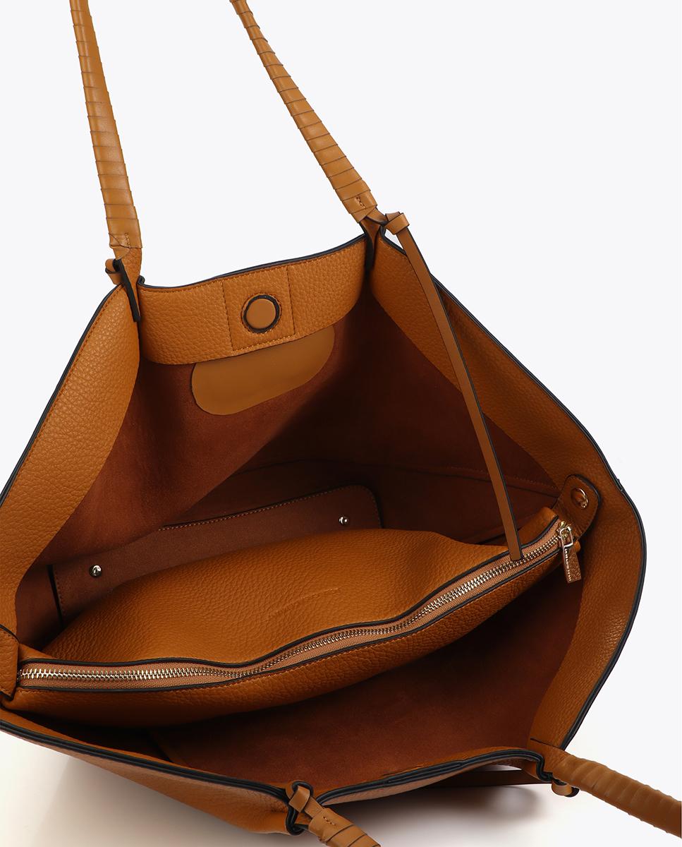 Mala Shopper Efeito Pele com Alça Entrançada e Detalhe de Laçada Mostarda-5