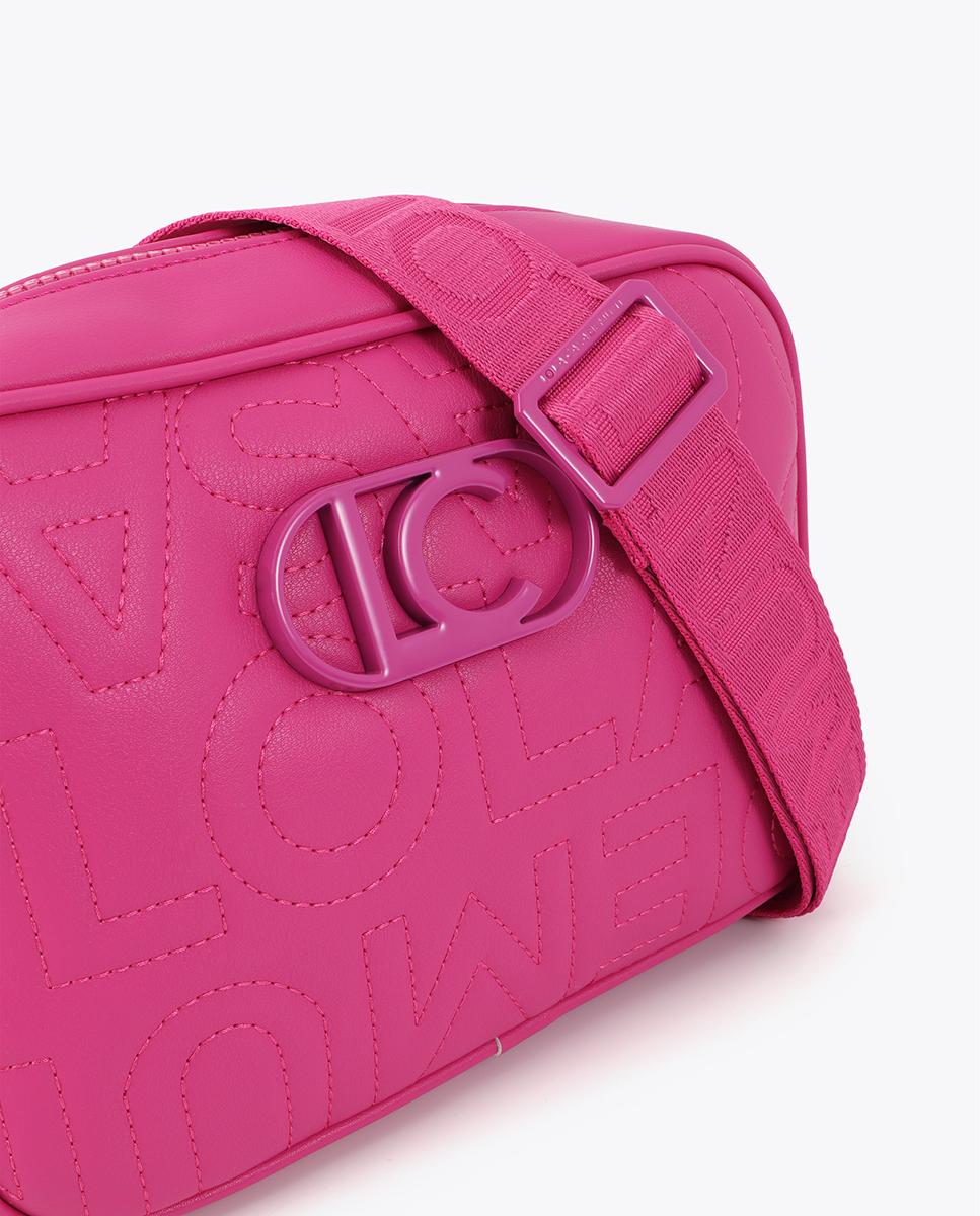 Mala a Tiracolo com Pespontos Monograma e Fecho Zip Fúcsia-4