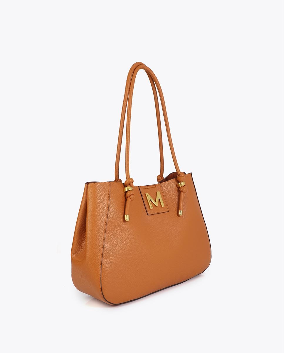 Mala Shopper com Detalhes Metálicos Dourados e Alças Compridas Canela-2