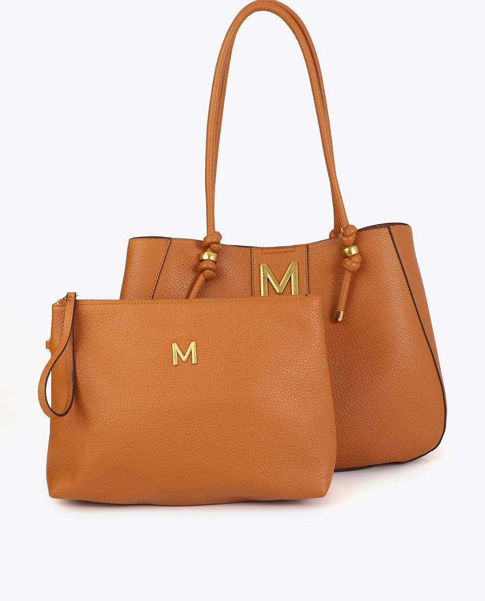 Mala Shopper com Detalhes Metálicos Dourados e Alças Compridas Canela-6
