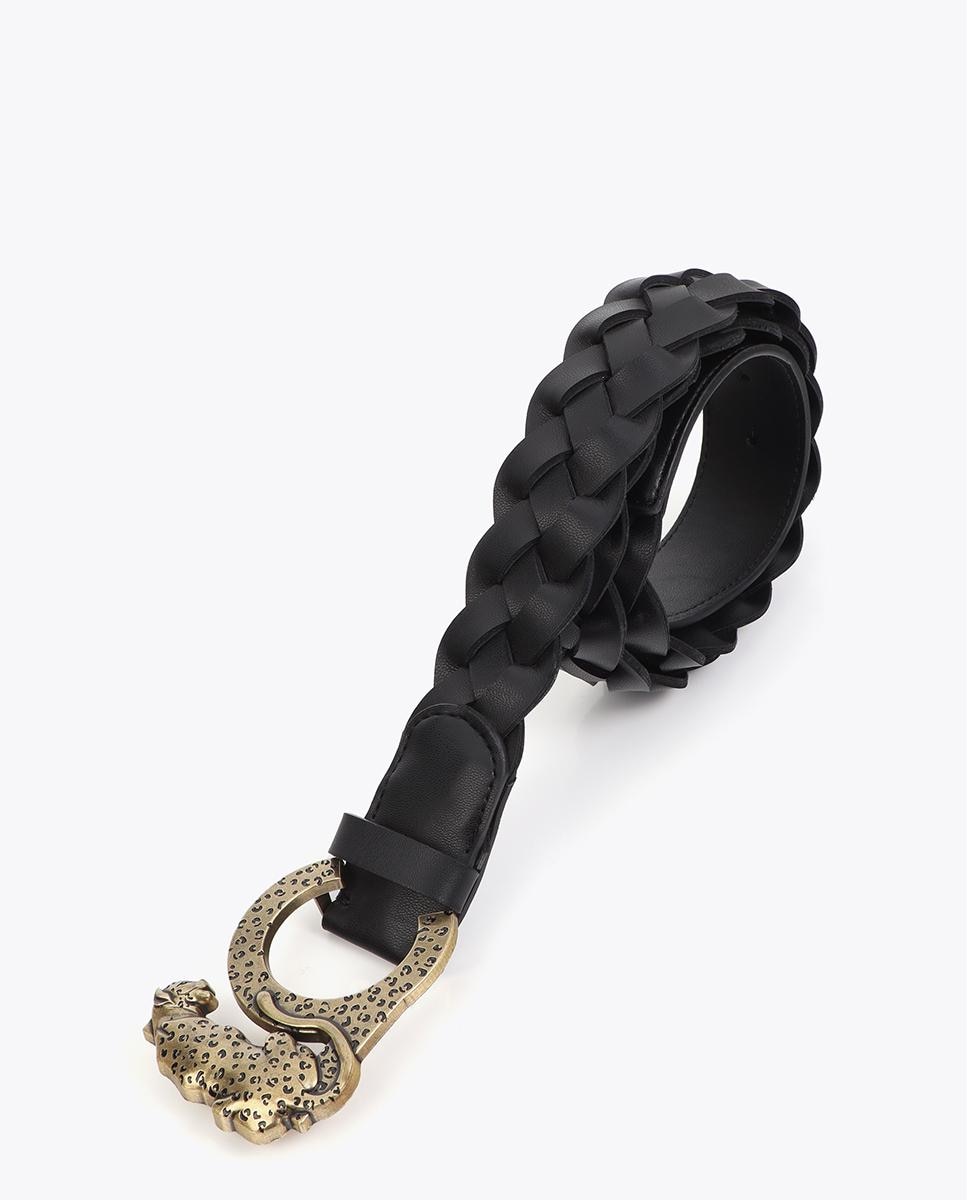 Cinto Entrançado Reversível Efeito Pele com Fivela de Design Animal Preto-4