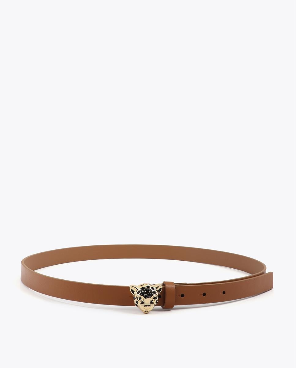 Cinto com Fivela Estreito com Fivela Dourada em Forma de Leopardo Castanho-claro-2