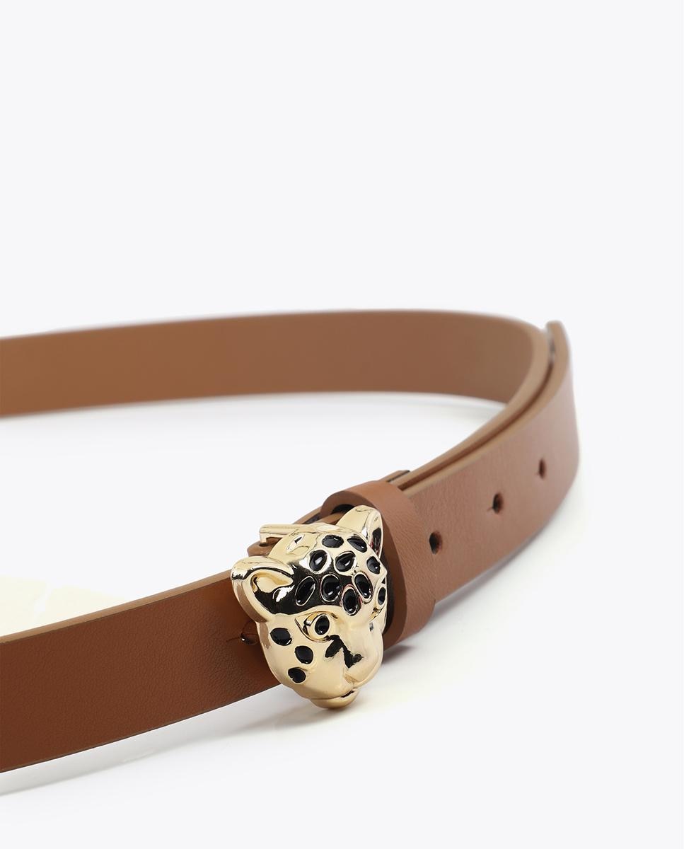 Cinto com Fivela Estreito com Fivela Dourada em Forma de Leopardo Castanho-claro-3