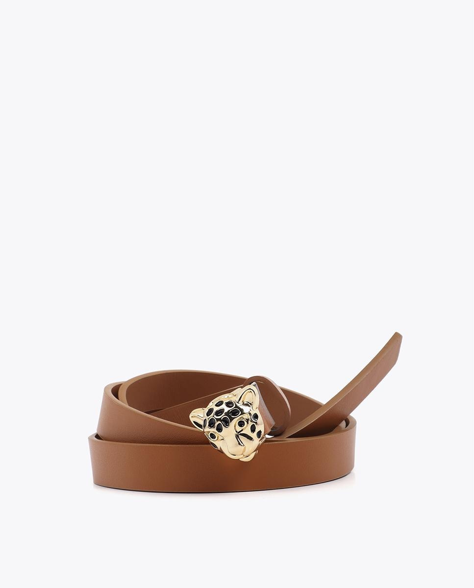 Cinto com Fivela Estreito com Fivela Dourada em Forma de Leopardo Castanho-claro-4