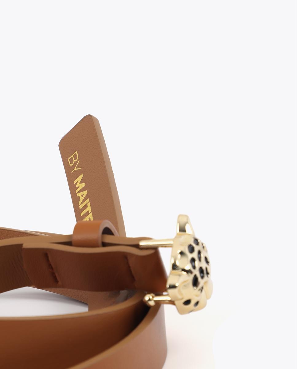 Cinto com Fivela Estreito com Fivela Dourada em Forma de Leopardo Castanho-claro-5