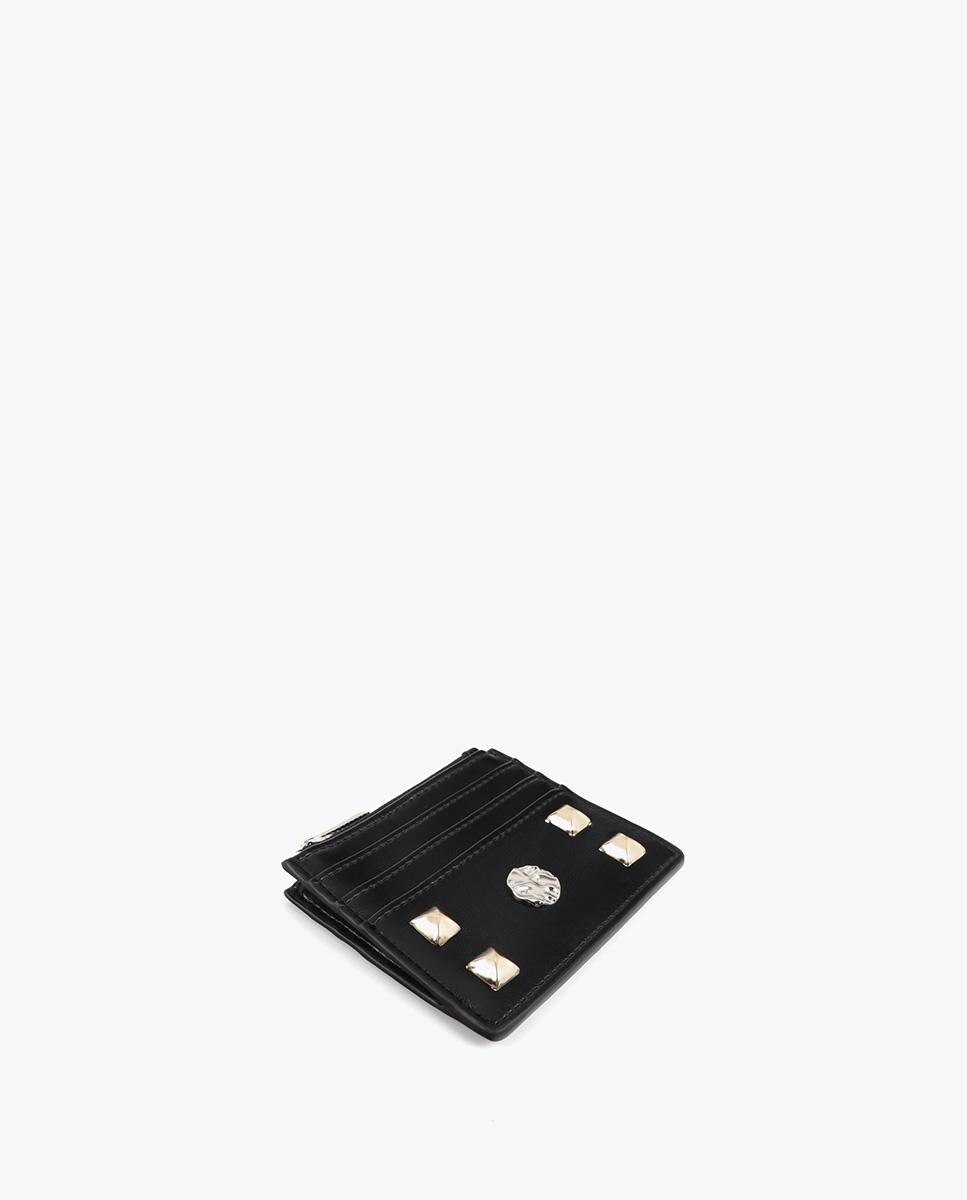 Porta-cartões com Tachas e Compartimento de Fecho Zip Preto-2